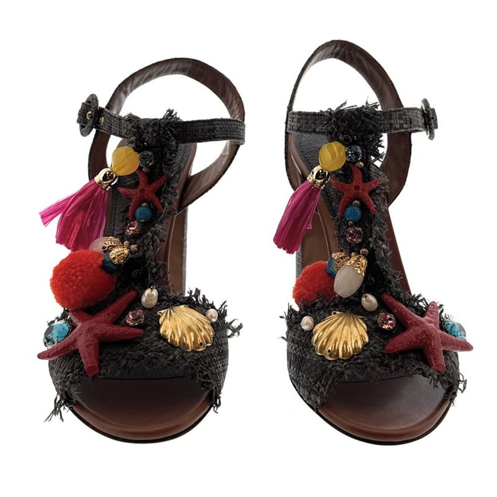 Dolce & Gabbana Women's Tropical Embellished Raffia High Heel Sandals-EU37 - Picture 2 of 4
